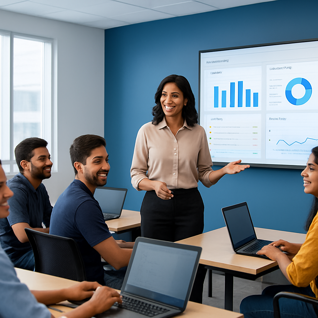 QA trainer teaching software testing to students in a modern classroom
